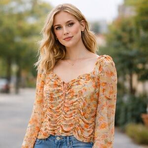 Free People Orange Floral Blouse with Ruffles